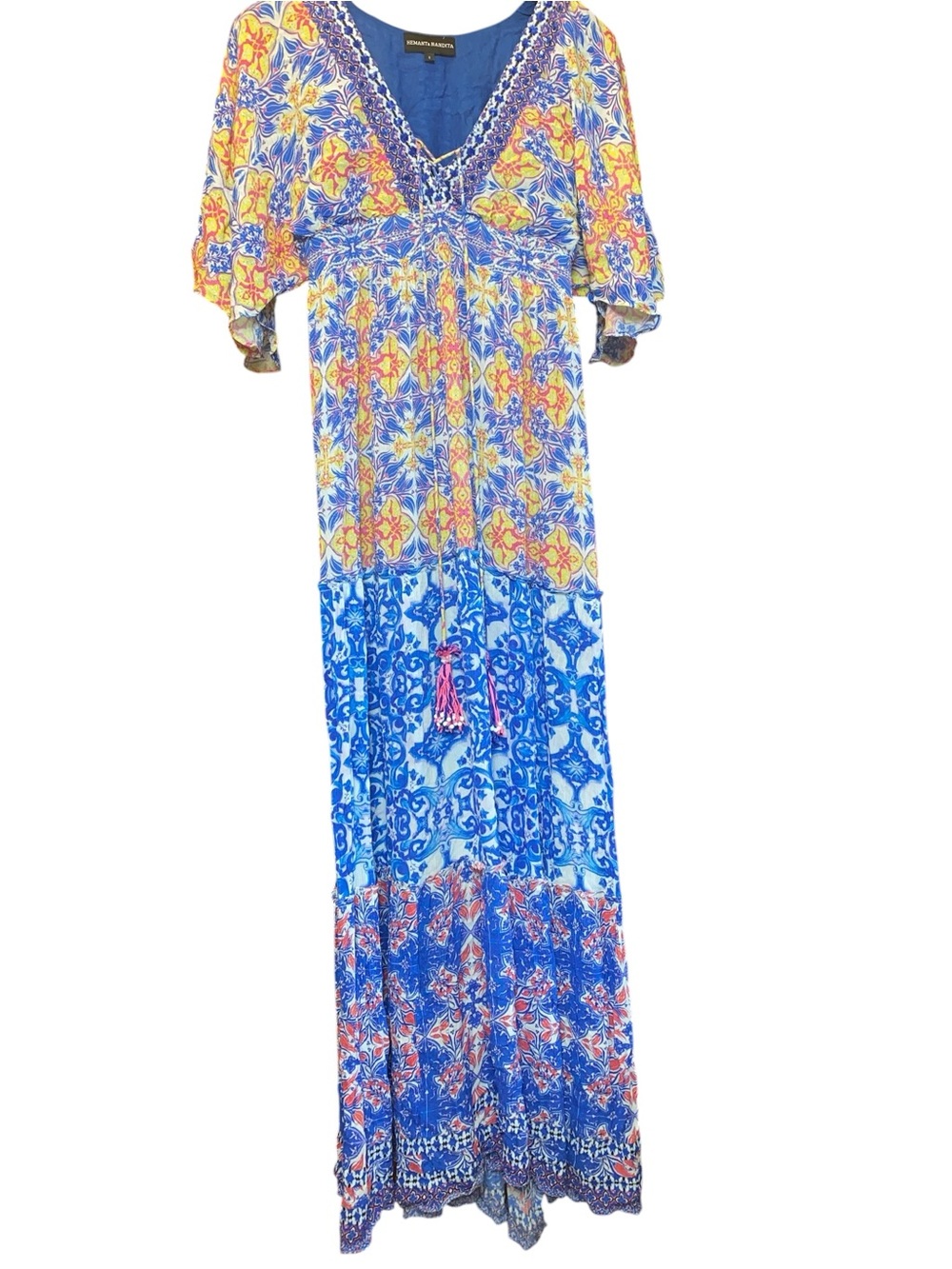 HEMANT & NANDITA kaftan maxi dress royal blue yellow pink Cali Boho resort tall - Picture 3 of 10